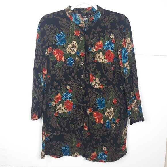 Carole Little Tops - Carole Little Floral Animal Print Banded Collar 3/4 Sleeve Button Top 12 Artsy
